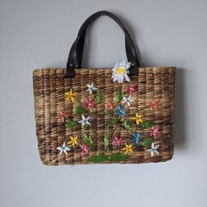 Vintage Rattan Floral Embroidered Tote